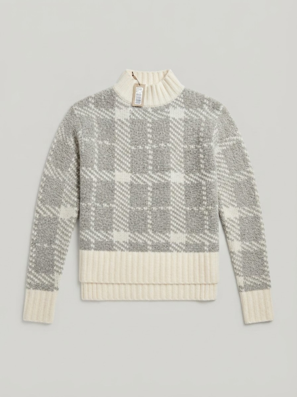 RW&CO. Gray and Cream Plaid Mock Neck Sweater